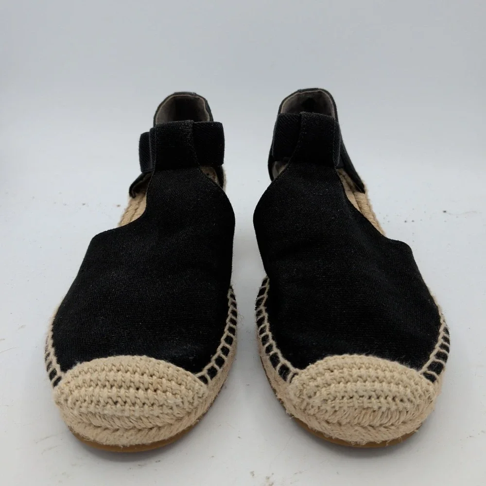 Tory Burch Catalina Black Canvas Espadrille Wedge Sandals Gold Logo Womens 10M